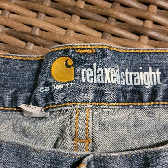 Carhartt Men Relaxed Straight Jeans 38x30 Blue Denim Distressed Workwear Utility - Picture 4 of 12